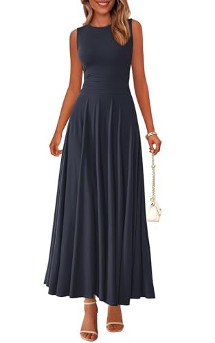 PRETTYGARDEN Womens Spring Dresses 2026 Casual Sleeveless Crewneck Aline Maxi Dress Stretch Tank Flowy Long Dresses (Navy, Small)