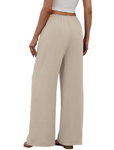 Sampeel Linen Pants Women Wide Leg Palazzo Pants Flowy Beach Vacation Clothes Spring Casual Summer Outfits Vacation Cruise 2026 Fashion Clothing Boho Luxury Airport Outfits Trouser Khaki M