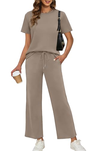 XIEERDUO Women Plus Size Lounge Sets 2 Piece Summer Outfits Spring Short Sleeve Loungewear Wide Leg Tracksuits Travel Cruise Wear Airport Track Suits Vacation Clothes Matching Clothing Khaki 3XL