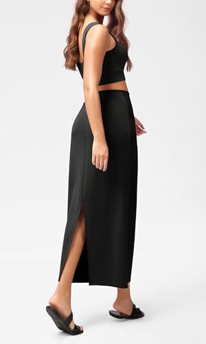 ODODOS Modal Soft Maxi Skirt for Women, Back Slit High Waist Casual Long Pencil Skirts, Black, Medium