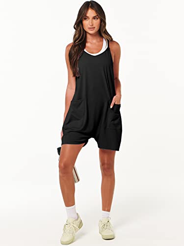 ANRABESS Womens Rompers Summer Casual Loose Sleeveless Overalls Spaghetti Strap Shorts Jumpsuit 2026 Beach Vacation Clothes Black Medium