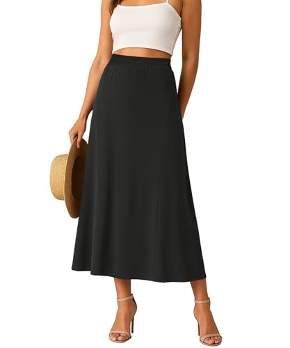 YSYOKOW Long Skirts for Women Flowy Elastic High Waist Midi A-line Skirt for 2026 Casual Boho Trendy(Black, Small)