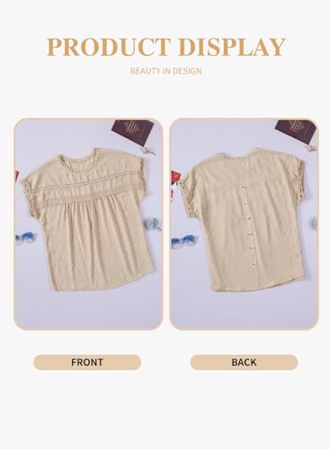 Eytino Women Plus Size Tops Crewneck Short Sleeve Lace Crochet Loose Casual Summer Blouses Shirts,3X Apricot
