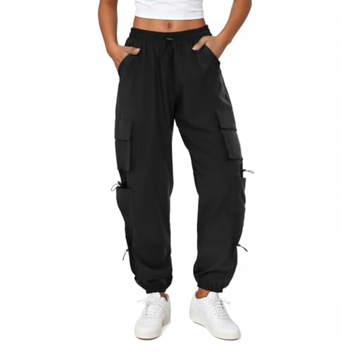 COPYLEAF Womens Parachute Cargo Pants with Pockets Quick Dry Hiking Pants Lightweight Water-Resistant Baggy Joggers(Black M)