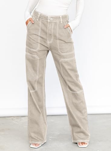 Dokotoo Women's Casual Mid Waist Cargo Jeans Baggy Wide Leg Denim Pants Apricot Size 10