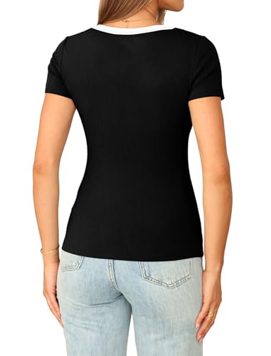 Sampeel Shirts for Women Trendy V Neck Ladies Tops and Blouses Office Work Shirts Summer Outfits Slim Fit Tight Black Tshirts M