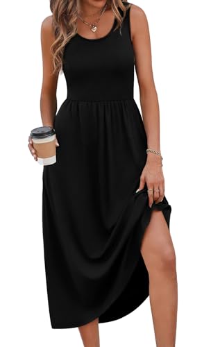 WIHOLL Black Dresses for Women Sleeveless Flowy Midi Dresses for Women Maxi Beach Vacation Spring Summer Dress Sundresses for Women Casual Wedding Guest Graduation Dress Solid Black S