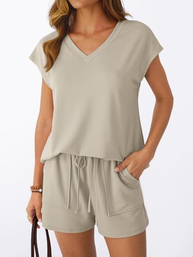 AUTOMET Women 2 Piece V Neck Matching Lounge Sets Clothing Spring Cap Sleeve Shirt and Shorts Loungewear 2026 Summer Travel Airport Outfit Cruise Beach Vacation Clothes Gym Maternity Resort Wear