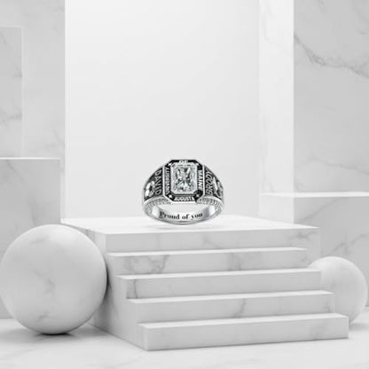 MEIDERBO Personalized Class Ring High School College Custom Birthstone Ring 925 Sterling Silver Engraved 2025 Graduation Jewelry Gift for Men Size 4-15(Style8)