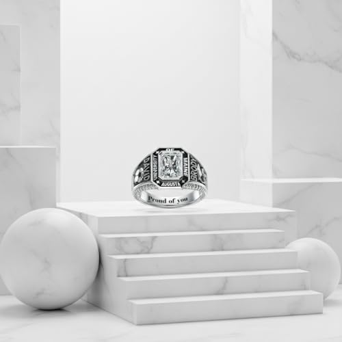 MEIDERBO Personalized Class Ring High School College Custom Birthstone Ring 925 Sterling Silver Engraved 2025 Graduation Jewelry Gift for Men Size 4-15(Style8)