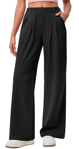 IUGA Wide Leg Pants Woman Pull on Stretchy Work Dress Pants High Waisted Business Casual Trousers Slacks Standard, Large, Black