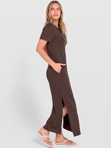 ANRABESS Womens Summer Casual Maxi Dress Short Sleeve Crewneck Split Wrinkle-Free Travel Long Sundress Beach Vacation Clothes Brown X-Large