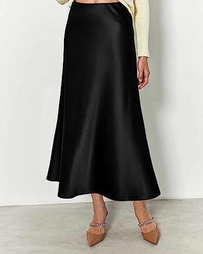 BTFBM 2026 Womens Spring Summer Long Satin Skirt Silk Elegant High Waist Cocktail Party Wedding Flowy A-Line Midi Skirts(Black, Medium)