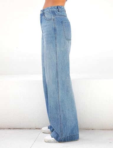 EMMIOL Women's 2026 Wide Leg Jeans Distress Mid Waist Stretchy Denim Pants Vintage Y2K Trousers(Light Blue,S)