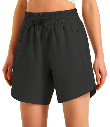 Ksmien Women's 5"/ 7" Athletic Running Shorts Quick Dry Lightweight Workout Gym Shorts with Zipper Pockets UPF 50+ Black