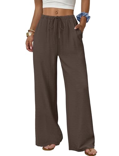 Sampeel Wide Leg Pants Woman Flowy Pants Elastic Waist Trousers Business Casual Outfits Work Linen Clothes Summer Travel Comfiest Airport Outfits Luxury 2026 Chocolate Brown Clothes L