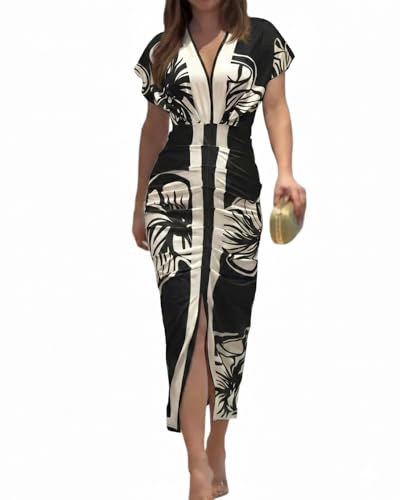 CHICME Summer Dresses for Women Floral Print Plunge V Neck Midi Dress Casual Ruched Slit Bodycon Party Dress