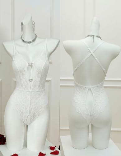 Avidlove Sexy Lingerie for Women Lace Teddy Lingerie One Piece Lingerie Bodysuit(White,L)