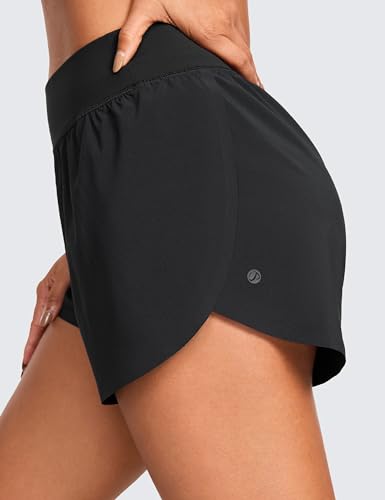 CRZ YOGA High Waisted Dolphin Athletic Running Shorts for Women 3" High Split Comfy Mesh Liner for Gym Workout Track Black Medium
