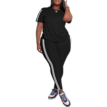 PINSV Women's Plus Size 2 Piece Outfits Tracksuits Short Sleeve Top Pants Sets Sweatsuits Black Stripe 3XL