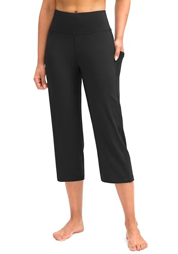 G Gradual Capri Pants for Women High Waist Workout Yoga Pants with Pockets Tummy Control Leggings Crop Straight(Black,L)