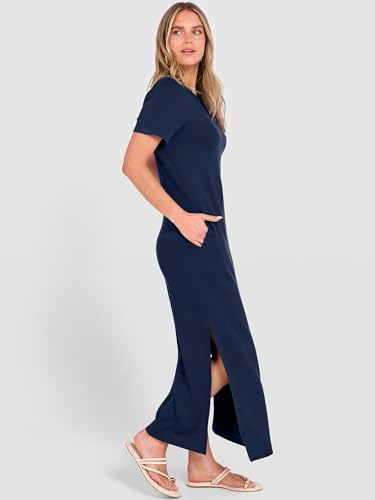 ANRABESS Womens Summer Casual Maxi Dress Short Sleeve Crewneck Split Wrinkle-Free Travel Long Sundress Beach Vacation Clothes Navy Blue Medium