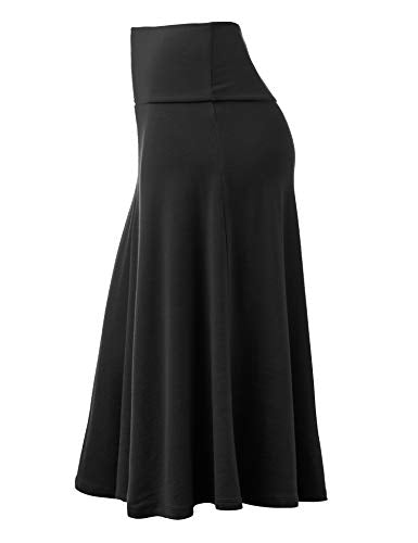 Lock and Love LL WB1105 Womens Lightweight Fold Over Flared Midi Skirt M Black