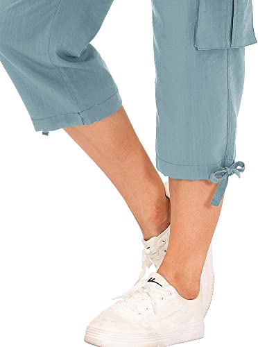 MoFiz Womens Capris with Pockets Loose Fit Casual Capri Pants Dressy Lightweight Ladies Baggy Cargo Pants for Hiking Grey Blue