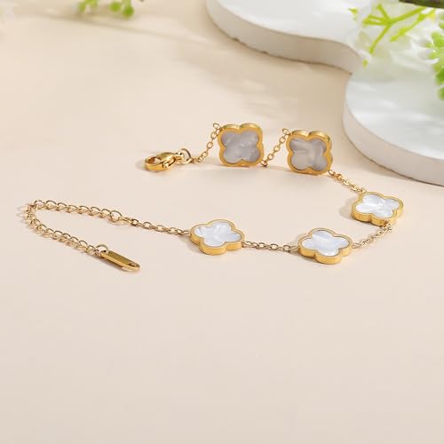 AIPPK 18K Gold Plated Clover Lucky Bracelet Dupes for Women White Flower Four Leaf Bracelets Trendy Jewelry Gifts for Women