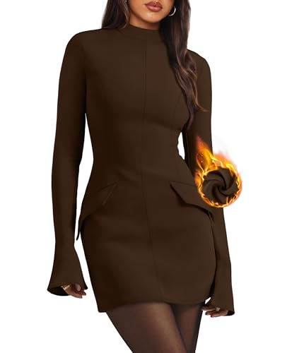 Christmas Party Dress - OFEEFAN Womens Fall Long Sleeve Mock Neck Dress Basic Party Club Bodycon Mini Dresses Coffeebrown