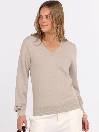 ANRABESS Womens Long Sleeve V Neck Sweaters 2025 Fall Casual Classic Soft Loose Fit Basic Pullover Jumper Top Almond Medium