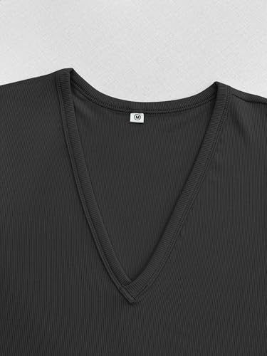 Albe Rita Women Short Sleeve T-Shirt Cap V Neck Shirts for Women Ribbed Casual Top Knit Slim Fit for Summer,Black, S