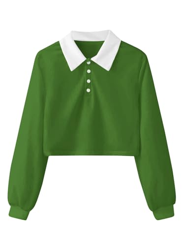 Natalie Winters Dress - Remidoo Women's Collared Half Button Long Sleeve Striped Crop Top Sweatshirt Green S