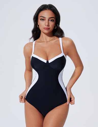 SUUKSESS Womens Tummy Control Slimming One Piece Swimsuits Sexy V Neck Crisscross Back Bathing Suits Push up Swimwear(Black,Medium)