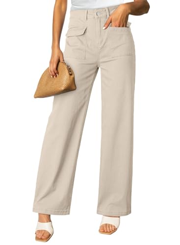 Dokotoo Khaki Women's Pants High Waisted Cargo Pants Women Baggy Jeans for Women Straight Wide Leg 2026 Spring Outfits Fashion Clothes Casual Trendy Pocket Teen Girls Trousers Stretch Denim