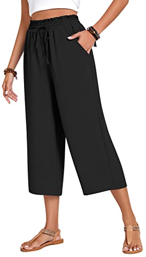 Anyhold Womens Plus Size Capri Pants Loose High Waisted Wide Leg Lounge Pants Drawstring Casual Palazzo Trousers with Pockets 2X-Large, Black