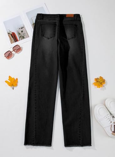 Sidefeel Women's High Waisted Jeans Stretchy Raw Hem Straight Leg Denim Pants Size 12 Black