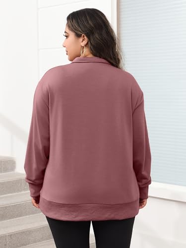 TAKEYAL Womens Quarter Zip Plus Size Sweatshirt Pockets Oversized Drop Shoulder Crewneck 2025 Fall Spring Clothes (Dark Pink, 3XL)