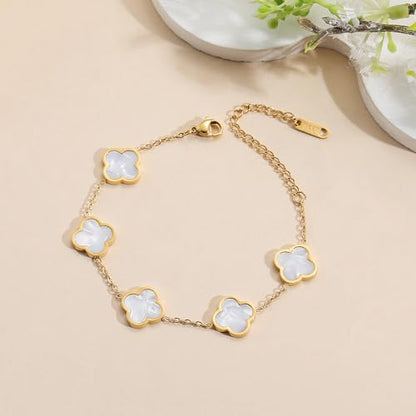AIPPK 18K Gold Plated Clover Lucky Bracelet Dupes for Women White Flower Four Leaf Bracelets Trendy Jewelry Gifts for Women