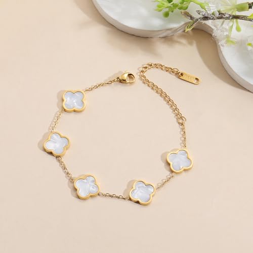 AIPPK 18K Gold Plated Clover Lucky Bracelet Dupes for Women White Flower Four Leaf Bracelets Trendy Jewelry Gifts for Women