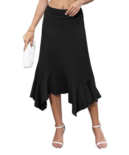YSYOKOW Midi Skirts for Women High Waisted Asymmetrical Handkerchief Hem Fold Over Waist Flowy Casual Summer Soft Knit Skirt - Black, X-Large