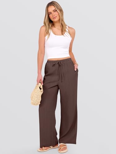 ANRABESS Women's Wide Leg Beach Pants Elastic Waist Lightweight Casual Flowy Palazzo Lounge Trousers with Pockets Brown Large