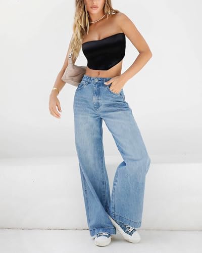 EMMIOL Women's 2026 Wide Leg Jeans Distress Mid Waist Stretchy Denim Pants Vintage Y2K Trousers(Light Blue,S)