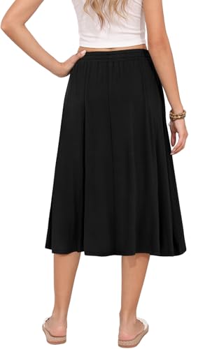 MLXSJ Women's Midi Skirt Summer Flowy Elastic High Waisted Casual Pleated Skirts with Pockets (Black, XL)