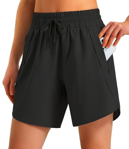 Ksmien Women's 5"/ 7" Athletic Running Shorts Quick Dry Lightweight Workout Gym Shorts with Zipper Pockets UPF 50+ Black