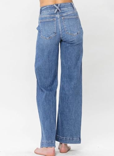 Astylish Women's Pants Wide Leg Jeans Woman Tummy High Waist Double Button Bootcut Trousers Stretchy Vintage Denim Jean Pants with Slanted Pockets Size 10 Sky Blue