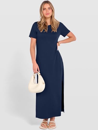 ANRABESS Womens Summer Casual Maxi Dress Short Sleeve Crewneck Split Wrinkle-Free Travel Long Sundress Beach Vacation Clothes Navy Blue Medium