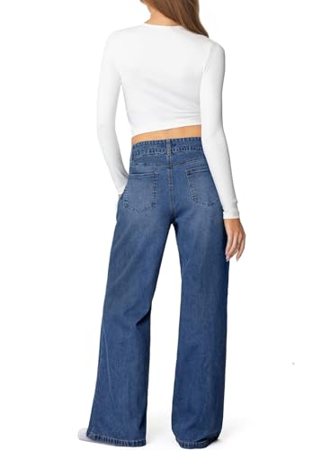 Sidefeel Womens Wide Leg Jeans High Waisted Straight Leg Stretchy Jeans Trendy Seamed Front Loose Denim Pants Blue Size 12