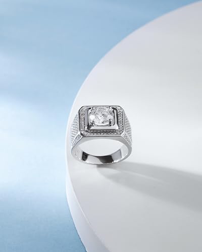 Men Moissanite Ring 5 Carats Solitaire Diamond Wedding Sterling Silver with 18K White Gold Plated D Color VVS1 Clarity Brilliant Round Cut Moissanite Engagement Anniversary Jewelry for Men Size 11.5