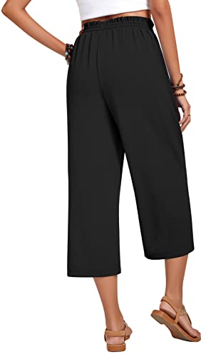 Anyhold Womens Plus Size Capri Pants Loose High Waisted Wide Leg Lounge Pants Drawstring Casual Palazzo Trousers with Pockets 2X-Large, Black